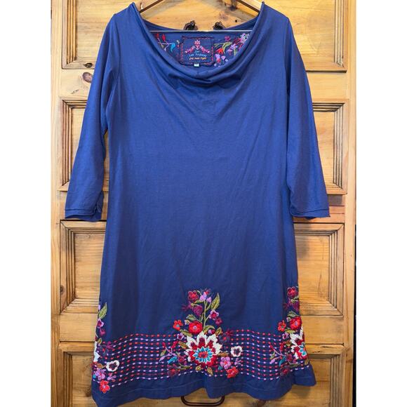 Johnny Was Boat Cowel Neck Embroidered Tunic Dress Navy Medium - Picture 1 of 6